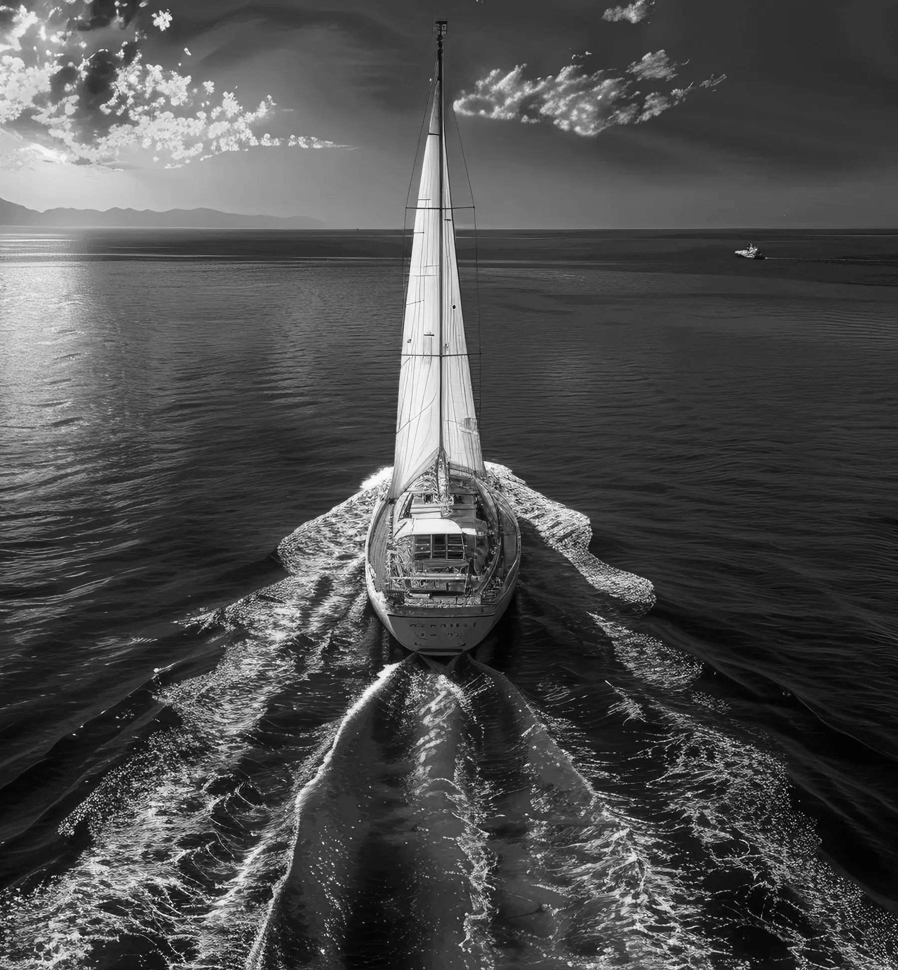 Veleiro visto da popa avançando no mar, deixando uma esteira brilhante